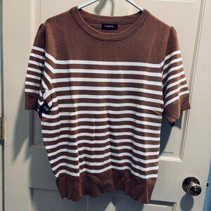 Camel with white stripe short sleeve summer sweater - Size L